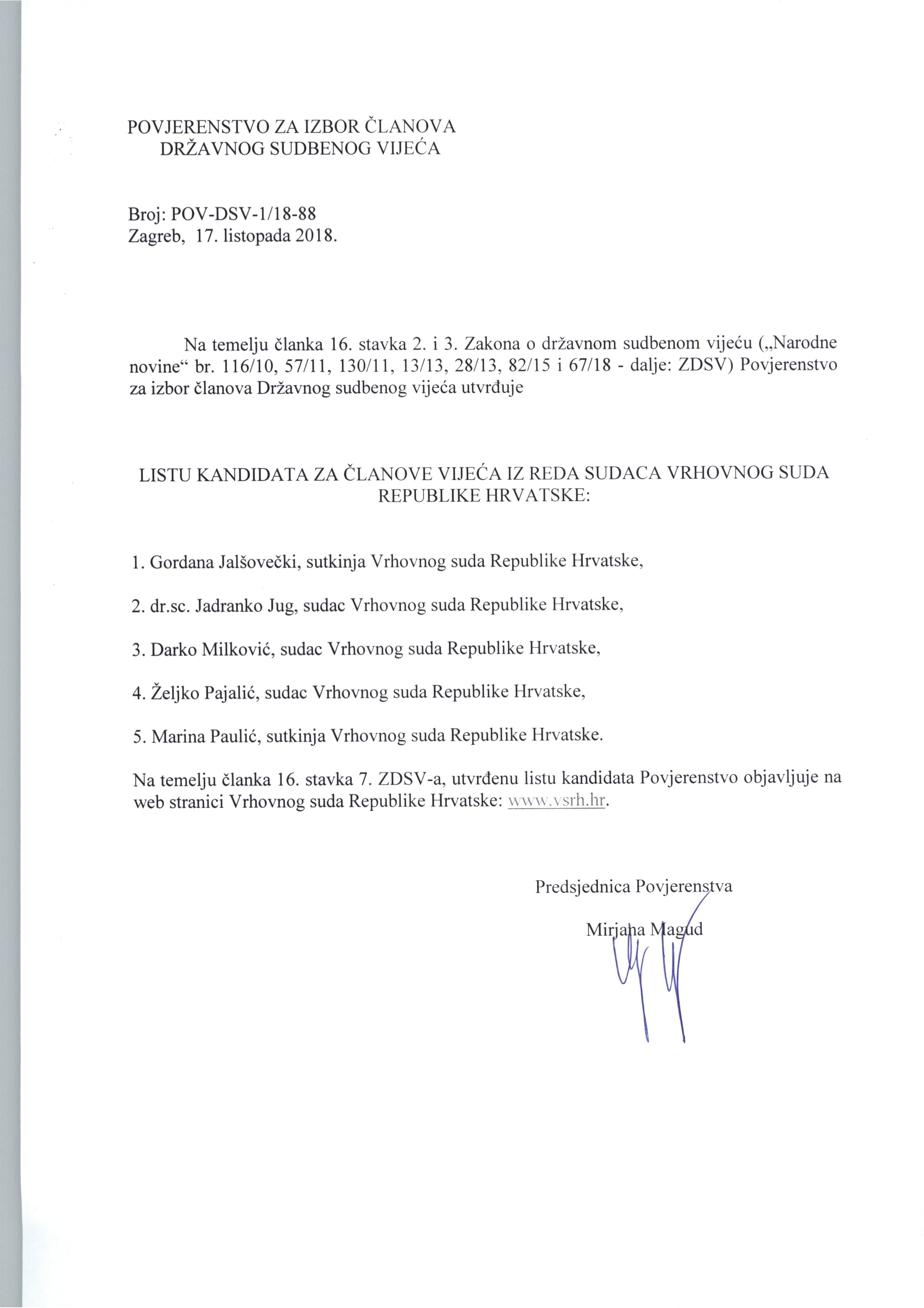 Povjerenstvo za izbor članova Državnog sudbenog vijeća objavilo je liste kandidata iz reda sudaca